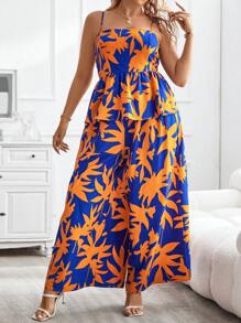 SHEIN Holidaya Plus Allover Print Peplum Cami Top & Wide Leg Pants - Royal Blue - View 4