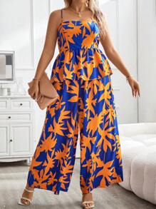 SHEIN Holidaya Plus Allover Print Peplum Cami Top & Wide Leg Pants - Royal Blue - View 1