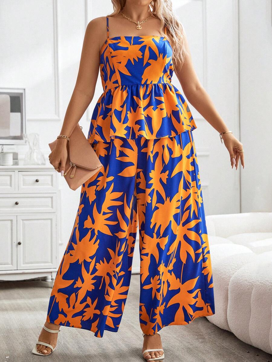 SHEIN Holidaya Plus Allover Print Peplum Cami Top & Wide Leg Pants - Royal Blue - View 1