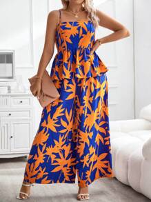 SHEIN Holidaya Plus Allover Print Peplum Cami Top & Wide Leg Pants - Royal Blue - View 6