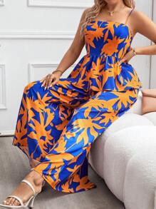 SHEIN Holidaya Plus Allover Print Peplum Cami Top & Wide Leg Pants - Royal Blue - View 7