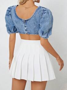SHEIN Privé Top mezclilla crop de manga farol - Azul lavado medio - Ver 2