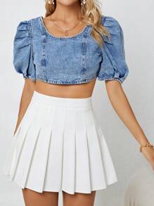 SHEIN Privé Top mezclilla crop de manga farol - Azul lavado medio - Ver 3