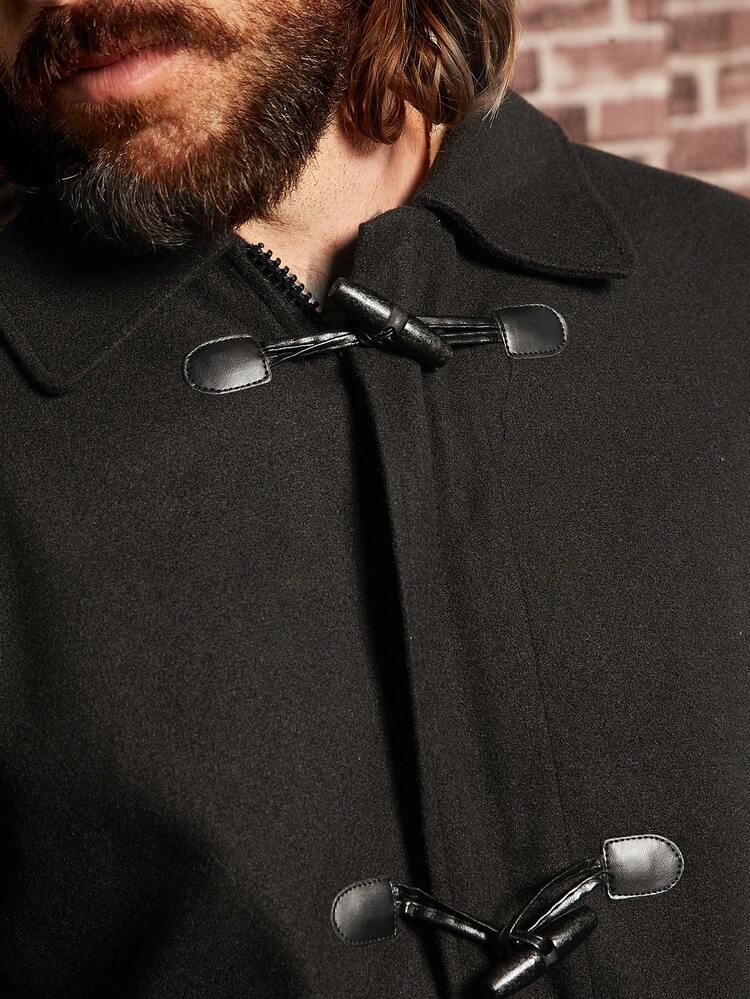 Manfinity VCAY 宽松男式牛角扣前粗呢大衣 - 黑色 - 查看 7