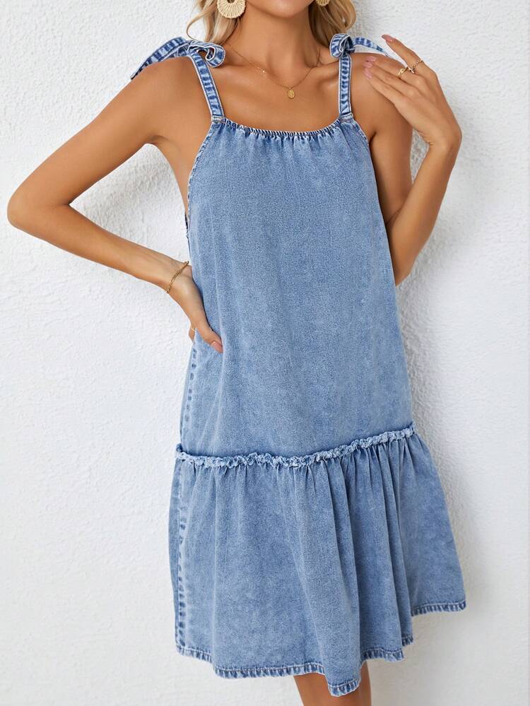 Tie Shoulder Ruffle Hem Cami Denim Dress
