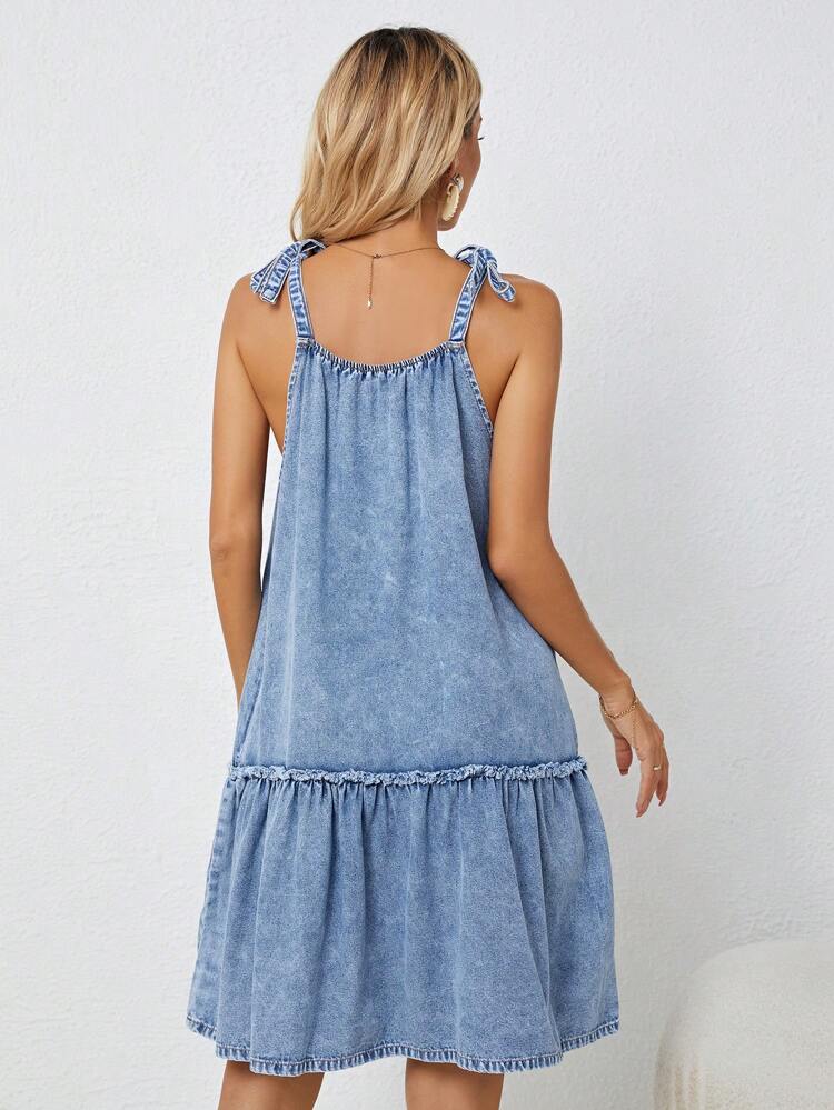 Tie Shoulder Ruffle Hem Cami Denim Dress