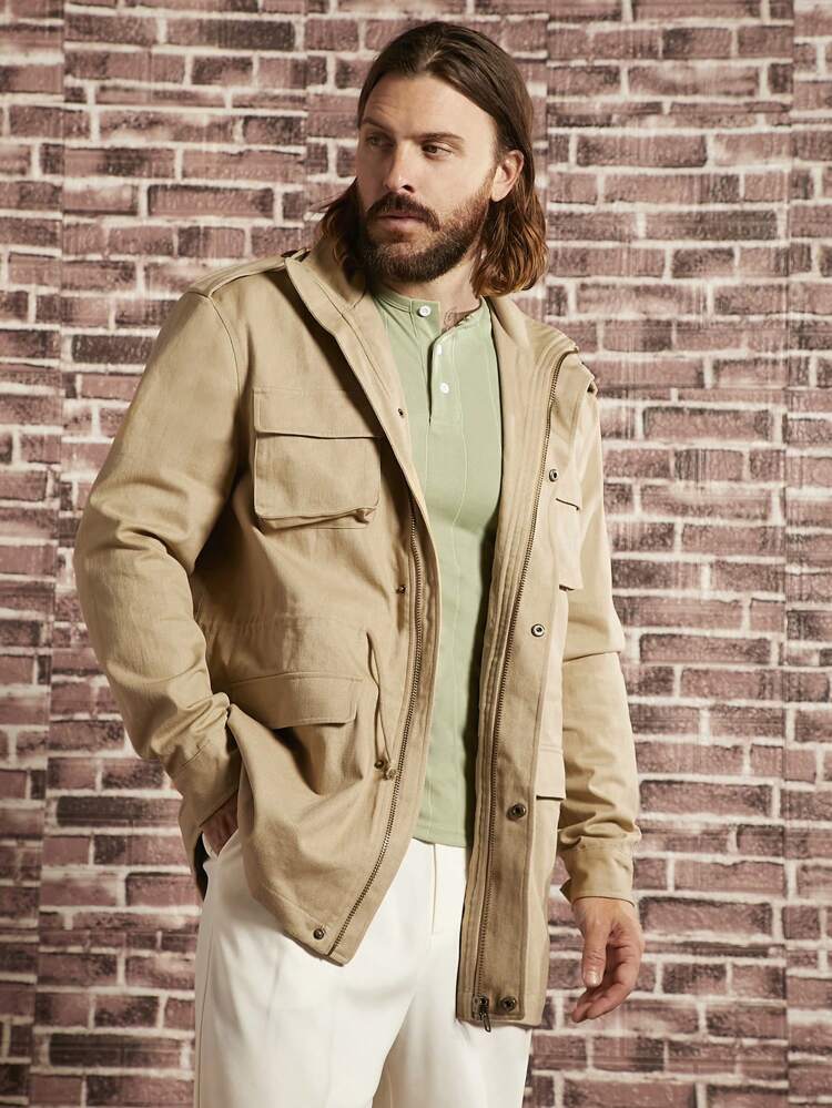 Loose Fit Men's Drawstring Waist Jacket With Flap Pockets