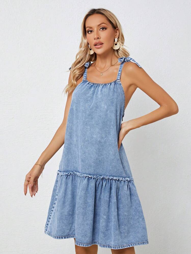 Tie Shoulder Ruffle Hem Cami Denim Dress