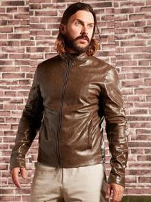 Manfinity VCAY Men Zip Up PU Leather Jacket - Brown - View 3