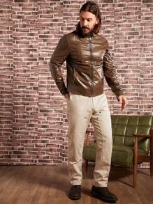 Manfinity VCAY Men Zip Up PU Leather Jacket - Brown - View 4