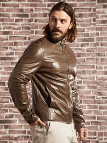 Manfinity VCAY Men Zip Up PU Leather Jacket - Brown - View 6