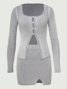VaVaBold 條紋圖案前紐扣開襟衫&下擺開叉針織短裙 - 淺灰色 - 查看 1