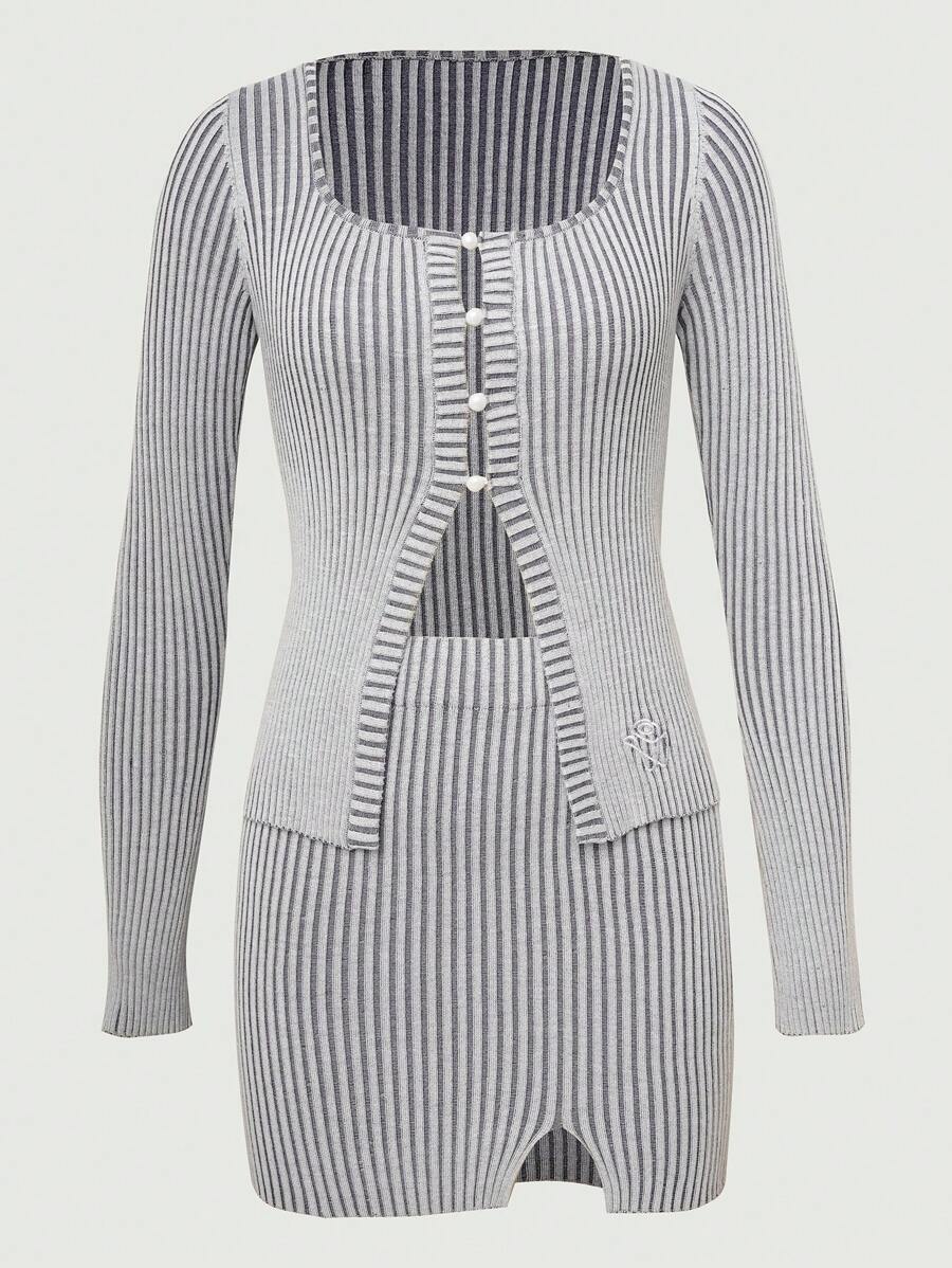 VaVaBold 條紋圖案前紐扣開襟衫&下擺開叉針織短裙 - 淺灰色 - 查看 1