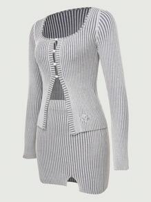 VaVaBold 條紋圖案前紐扣開襟衫&下擺開叉針織短裙 - 淺灰色 - 查看 3