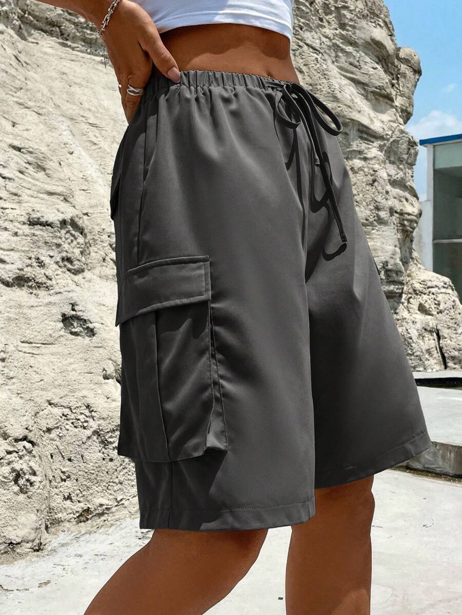 SHEIN Unity 側翻蓋口袋腰部抽繩工裝短褲 - 灰色 - 查看 1