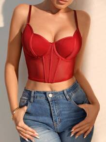 SHEIN Solid Contrast Mesh Bra Lingerie - Burgundy - View 1