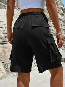 Chiquease Flap Pocket Side Drawstring Waist Cargo Shorts - Black - View 2