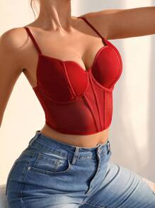 SHEIN Solid Contrast Mesh Bra Lingerie - Burgundy - View 4
