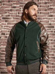 Manfinity VCAY 男士過大對比pu皮革瑞格蘭袖飛行外套 - 彩色 - 查看 6