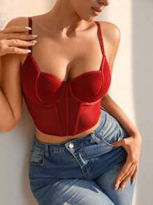 SHEIN Solid Contrast Mesh Bra Lingerie - Burgundy - View 5
