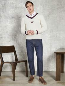 GENTILAND Nam Hình vương miện Sọc trang trí Áo len Không có áo sơ mi - Màu be - Xem 3