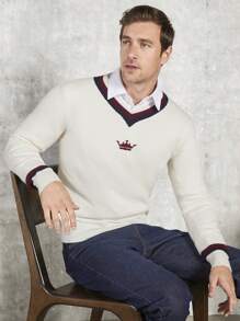 GENTILAND Nam Hình vương miện Sọc trang trí Áo len Không có áo sơ mi - Màu be - Xem 1