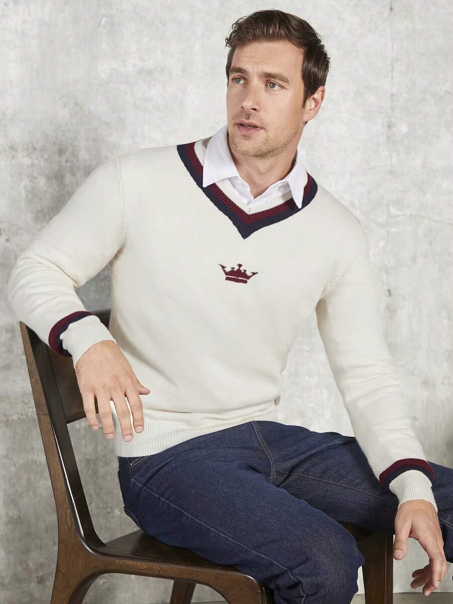 GENTILAND Nam Hình vương miện Sọc trang trí Áo len Không có áo sơ mi - Màu be - Xem 1