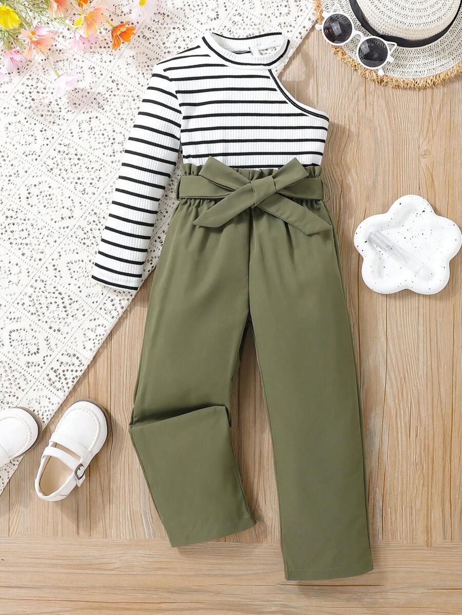 Young Girl Striped Asymmetrical Neck Tee & Belted Trousers - Multicolor - View 1