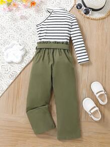Young Girl Striped Asymmetrical Neck Tee & Belted Trousers - Multicolor - View 2