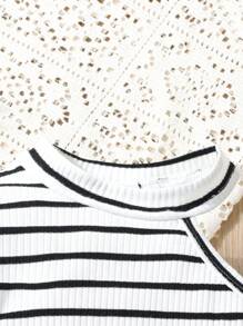 Young Girl Striped Asymmetrical Neck Tee & Belted Trousers - Multicolor - View 4