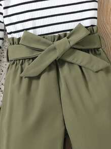 Young Girl Striped Asymmetrical Neck Tee & Belted Trousers - Multicolor - View 6