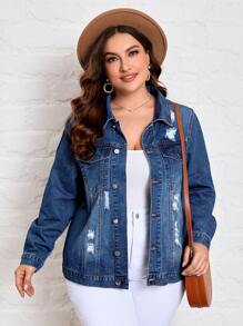 SHEIN Essnce Plus Ripped Flap Pocket Denim Jacket - Blue - View 1