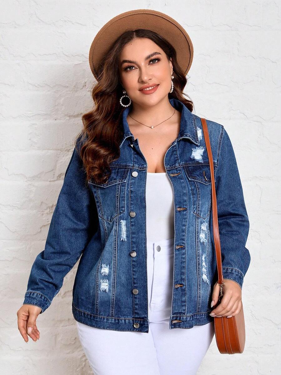 SHEIN Essnce Plus Ripped Flap Pocket Denim Jacket - Blue - View 1