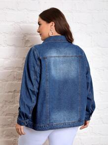SHEIN Essnce Plus Ripped Flap Pocket Denim Jacket - Blue - View 2
