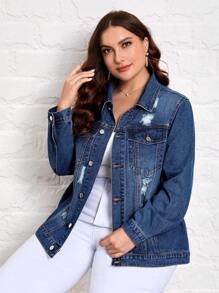 SHEIN Essnce Plus Ripped Flap Pocket Denim Jacket - Blue - View 3