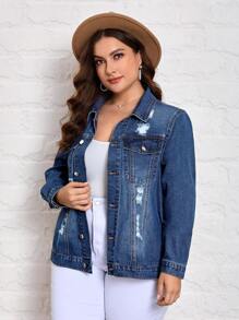 SHEIN Essnce Plus Ripped Flap Pocket Denim Jacket - Blue - View 4