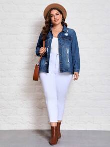 SHEIN Essnce Plus Ripped Flap Pocket Denim Jacket - Blue - View 5