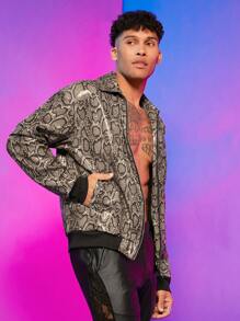 FeverCity Hombres Cazadora con estampado de piel de serpiente con cremallera PU - Multicolor - Ver 3