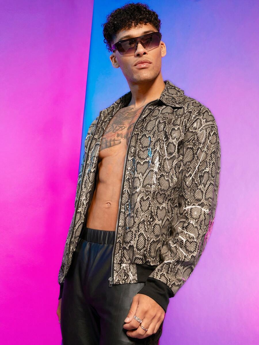 FeverCity Hombres Cazadora con estampado de piel de serpiente con cremallera PU - Multicolor - Ver 1
