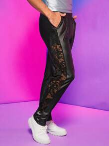 FeverCity 男士蕾絲拼接PU皮革長褲 - 黑色 - 查看 4