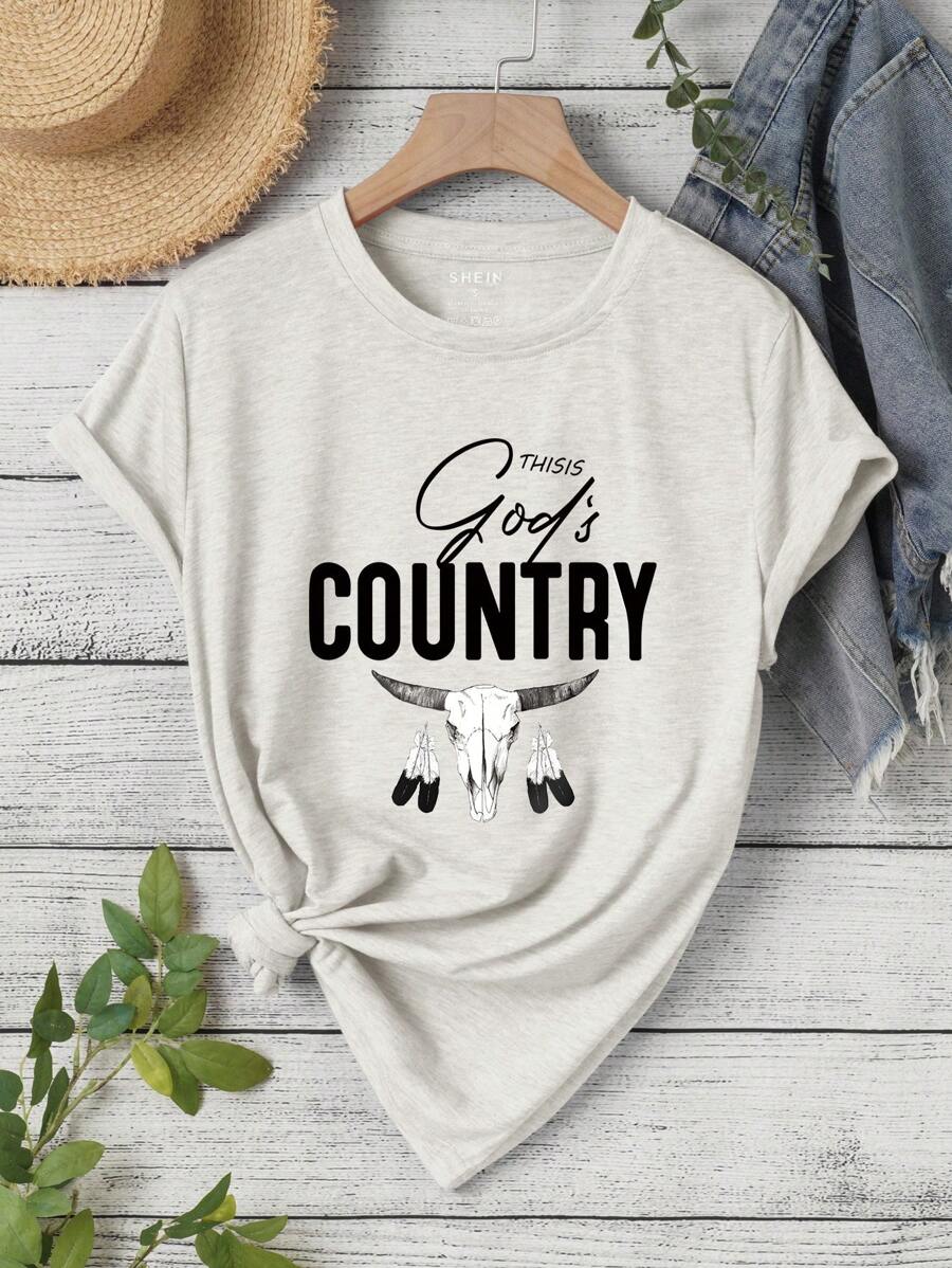 SHEIN LUNE Cattle And Letter Graphic Tee - Beige - View 1