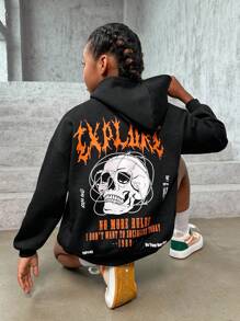 SHEIN 少女骷髅头和标语图案落肩卫衣 - 黑色 - 查看 1