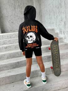 SHEIN 少女骷髅头和标语图案落肩卫衣 - 黑色 - 查看 3