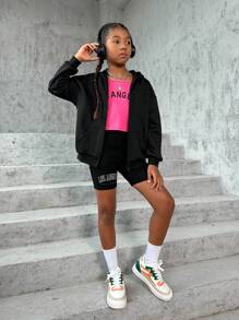 SHEIN 少女骷髅头和标语图案落肩卫衣 - 黑色 - 查看 4