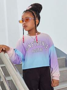 SHEIN 女大童字母圖案漸層落肩袖套頭衫 - 彩色 - 查看 4