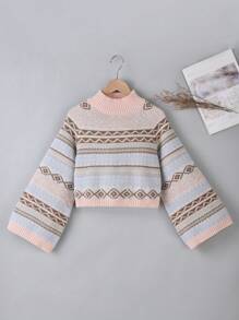 Tween Girl Geo Pattern Mock Neck Trumpet Sleeve Jumper - Multicolor - View 1