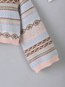 Tween Girl Geo Pattern Mock Neck Trumpet Sleeve Jumper - Multicolor - View 3