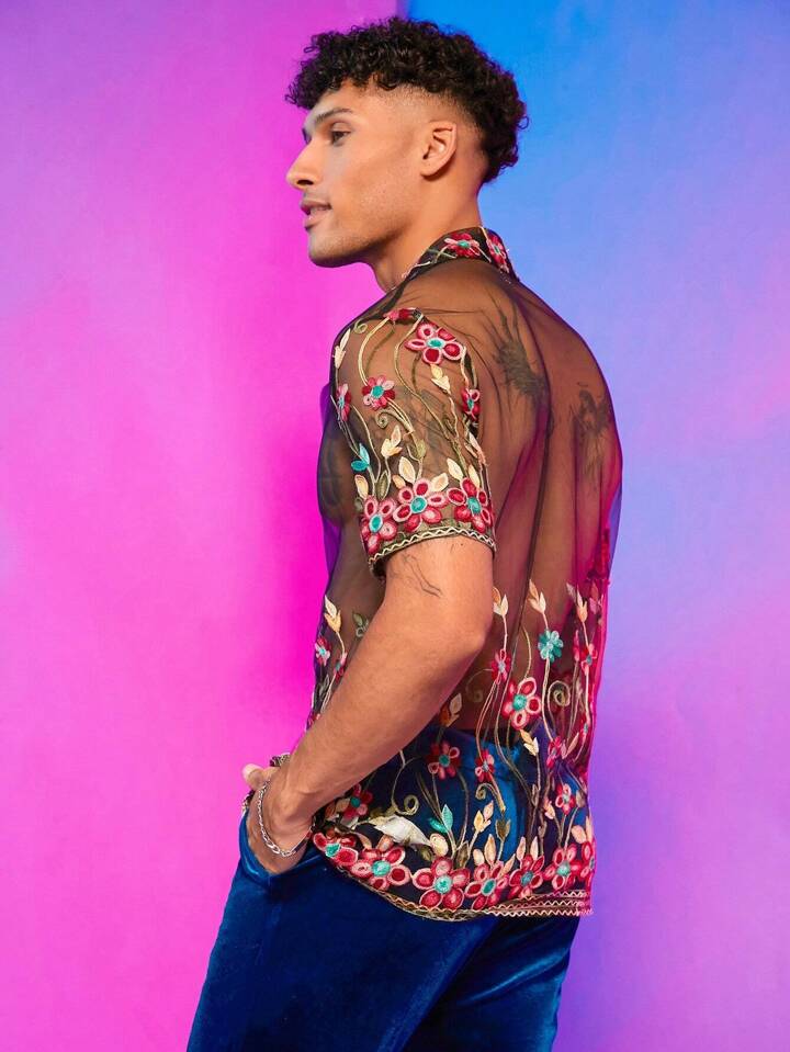 Our Guys Floral Embroidery Mesh Shirt is such a vibe - ROMWE