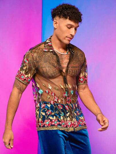 Guys Floral Embroidery Mesh Shirt