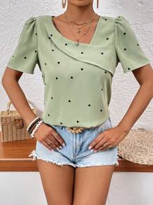 SHEIN VCAY Heart Print Asymmetrical Neck Puff Sleeve Blouse - Green - View 4